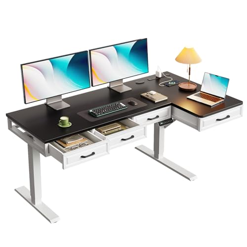 55 Inch L Shaped Standing Desk with 4 Wooden Drawers, White+Black | Reversible Corner Table, Office Table With 4 Wooden Drawers and Outlets For Home Office, Computer Workstation, Sit Stand Use - color: White+black, size: 55 Inch