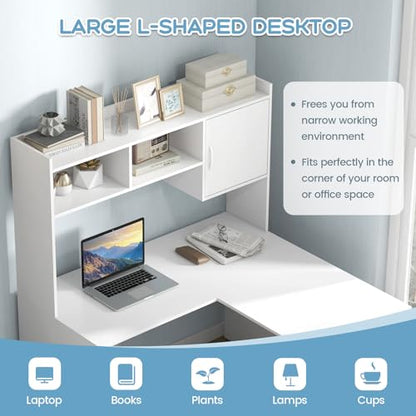 Tangkula L-Shaped Desk with Storage Hutch, Corner Computer Desk with Shelves & Cabinet, Modern Writing Study Table for Home Office, Laptop PC Workstation, White