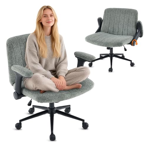 VINGLI Criss Cross Chair with Adjustable Flip-Up Arms,Cross Legged Chair with Wheels, Extra Wide Office Chair,Cozy Desk Chair for Home Office, Vanity, Apartment,Chenille Velvet,Dark Green - color: Dark Green
