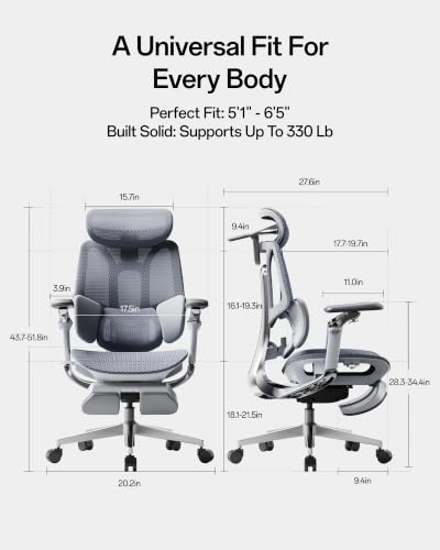 Hbada E3 Pro 2026 Edition Ergonomic Office Chair, Mesh Desk Chair with 3-Zone Floating Lumbar Support, Upgraded 4D Headrest, 720° Armrests, Grey with Footrest - color: Grey