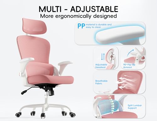 TRALT Office Chair - Ergonomic Desk Chair with Headrest Support for Adults | Home Office Desk Chair with Lumbar Support - Ergonomic Mesh Chairs 330 lb Wide Seat with Headrest, Comfy Desk Chair(Pink) - color: Pink