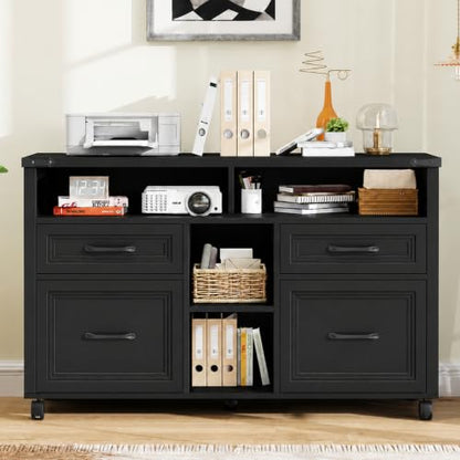 Halitaa Farmhouse Filing Cabinet with Adjustable Shelf & Wheels, Pure Black - color: Pure Black, size: 4 Drawers&Wheels