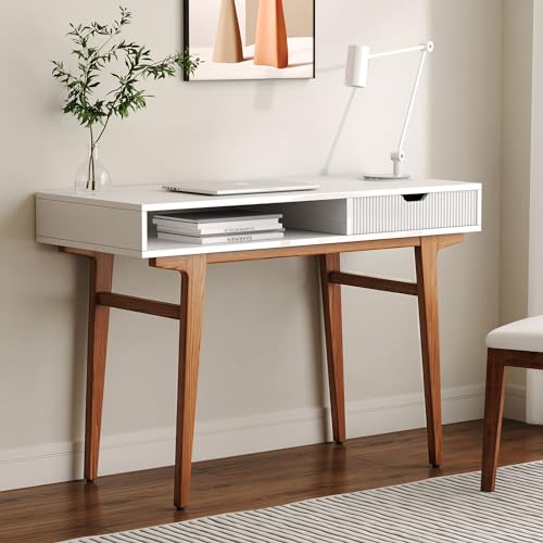 White Computer Desk with Drawers - 45 inch Minimalist Small Solid Wood Mid-Century Modern Office Desk for Home - Boho Style Writing Table with Open Storage,Light Wooden Desk Workspace