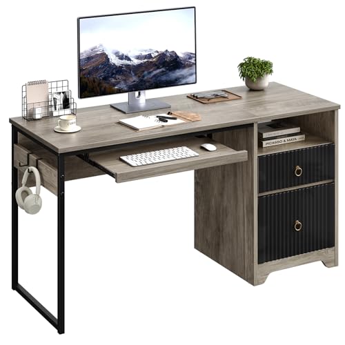Bestier 55Inch Modern Fluted Desk with Drawers & Keyboard Tray, Grey - color: Grey, size: 55 Inch