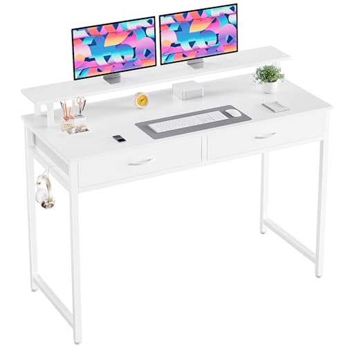 DUMOS 39.4" x 19.7" Compact Computer Desk with Monitor Stand and 2 Drawers, Small Writing Desk with Drawers for Home Office, Study Table for Small Spaces, White