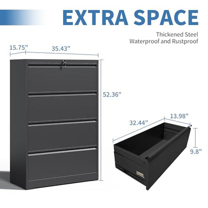 4 Drawer File Cabinet with Lock, Metal Lateral Filing Cabinets - color: Black, size: 4 Drawer_ 35"W