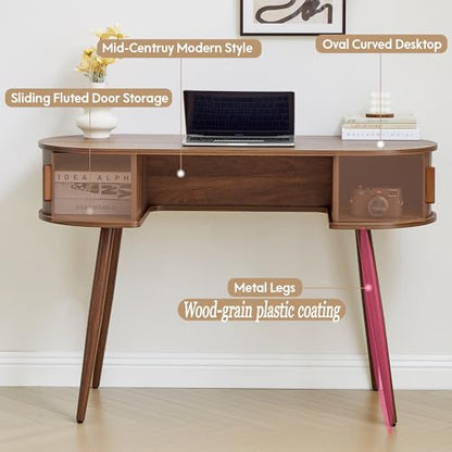 43" Wood Writing Desk, Laptop Desk with Storage, Vanity Table Study Desk | Mid-Century Writing Desk, Walnut Laptop Desk with Storage, Fluted Vanity Table Desk for Office, Bedroom, Study Room - color: Walnut-43 Inch