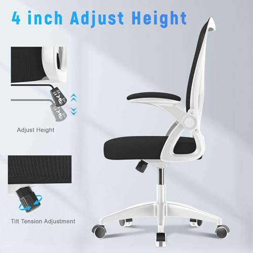 naspaluro Home Office Desk Chair Mid Back with Adjustable Height WhiteFrame | Comfy Ergonomic Chair with Flip-Up Arm and Lumbar Support, Breathable Mesh Swivel Computer Chair for Study Working Teacher - color: Bright White