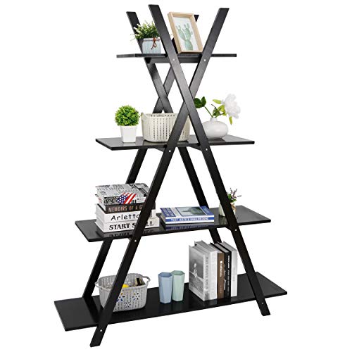 Nouva 4 Tier Ladder Bookshelf Storage Shelves, A Frame Wooden Ladder Open Display Shelves Floor Shlef Storage Furniture for Home Office Living Room Black