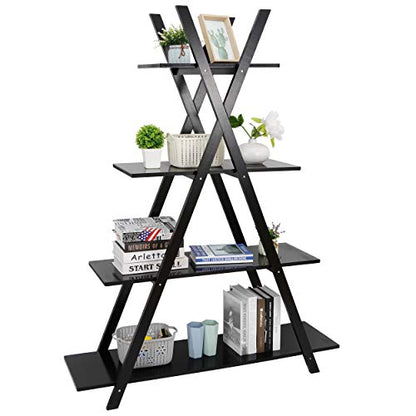 Nouva 4 Tier Ladder Bookshelf Storage Shelves, A Frame Wooden Ladder Open Display Shelves Floor Shlef Storage Furniture for Home Office Living Room Black