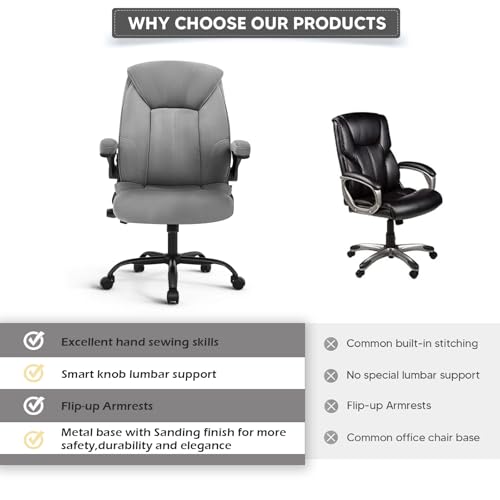 Executive Office Chair,Big and Tall Ergonomic Desk Chair with Adjustable Lumbar Support, Comfortable Computer Chair wih Flip-up Arms and Wheels, Gray - color: Gray Fabric