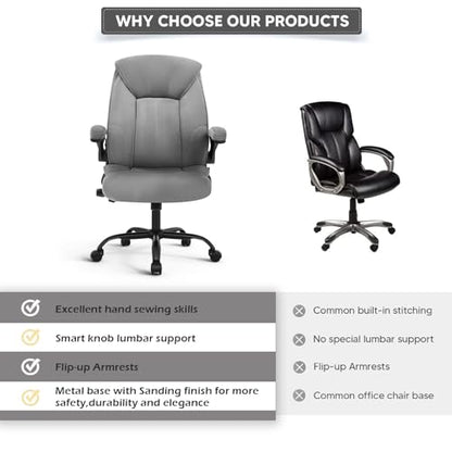 Executive Office Chair,Big and Tall Ergonomic Desk Chair with Adjustable Lumbar Support, Comfortable Computer Chair wih Flip-up Arms and Wheels, Gray - color: Gray Fabric