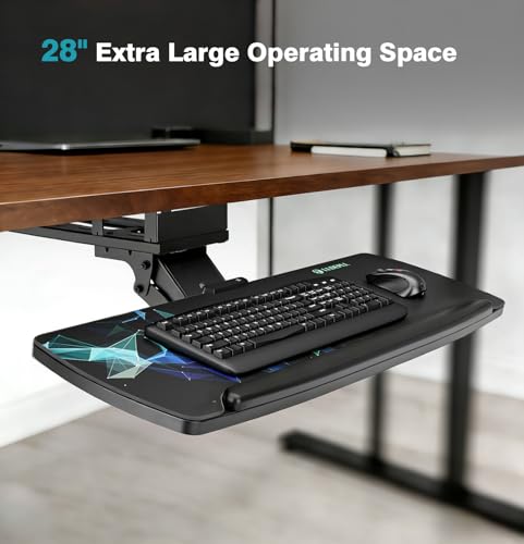 Keyboard Tray Under Desk with Storage Drawer, Height Adjustable Keyboard Tray Slide Out 360° Swivel Tilt, Ergonomic Under Desk Mount Keyboard & Mouse Pad Lighting for Gaming Home Office - size: 28” Length with lighting