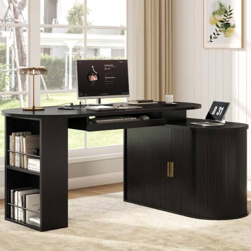 HSH 60 Inch L Shaped Computer Desk, Reversible Office Desks with Storage - color: Black