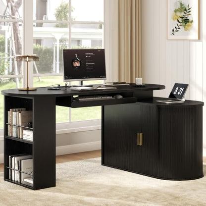 HSH 60 Inch L Shaped Computer Desk, Reversible Office Desks with Storage - color: Black