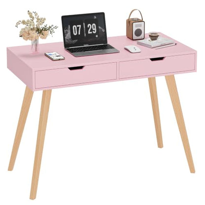 FOTOSOK Writing Desk with 2 Drawers, Small Cute Desk Makeup Vanity Table | Wood Computer Desk with 4 Solid Oak Legs, Home Office Desk & Study Table, Mid Century Desk for Bedroom Small Spaces, Pink - color: Pink