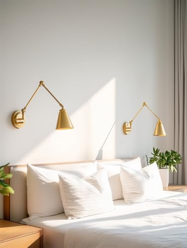 Kira Home Ellis 18" Modern Swing Arm Wall Sconce for Bedroom, 2-Pack | Cone Metal Shades, 2-in-1 Plug In or Hardwired Vintage Library Style Gold Wall Lamp, Warm Brass Finish
