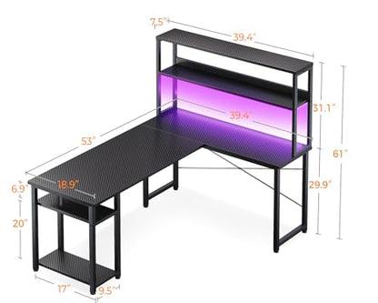 ODK 53 Inch L Shaped Gaming Desk with Hutch & Headphone Hook - size: 53 Inch