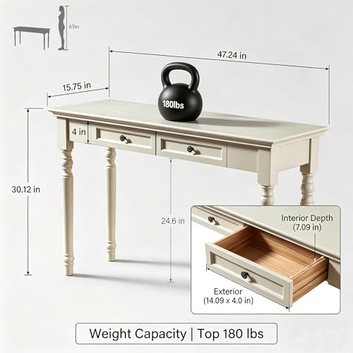 47" Narrow Solid Wood Writing Desk with Drawers, White - color: White, size: Narrow-47 inches