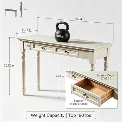 47" Narrow Solid Wood Writing Desk with Drawers, White - color: White, size: Narrow-47 inches