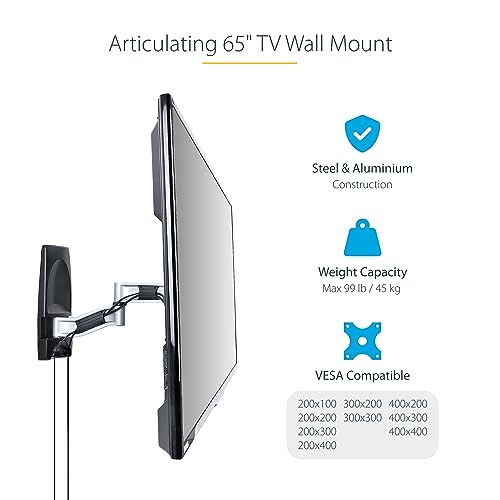 StarTech Articulating TV Wall Mount 65in, VESA, Corner (TV-WALL-MOUNT-65FS) | Supports 65 inch/99lb/Flat/Curved TVs, VESA Wall Mount, Retractable Low Profile Wall Mount TV Bracket - size: 26"-65", style: Full-Motion