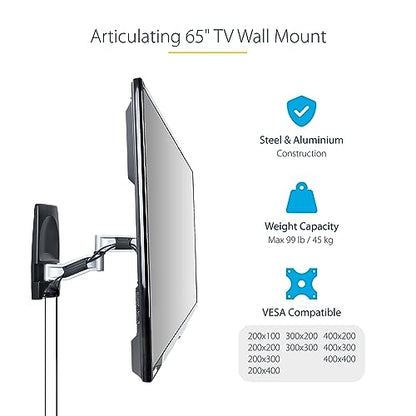 StarTech Articulating TV Wall Mount 65in, VESA, Corner (TV-WALL-MOUNT-65FS) | Supports 65 inch/99lb/Flat/Curved TVs, VESA Wall Mount, Retractable Low Profile Wall Mount TV Bracket - size: 26"-65", style: Full-Motion
