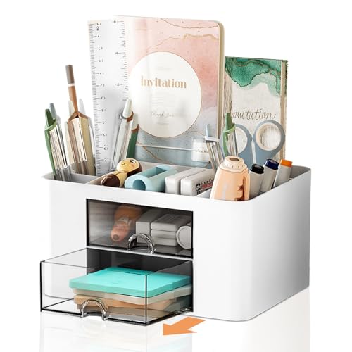 Cayxenful Pencil Pen Holder for Desk,2 Drawer Desk Organizers,5 Compartments Desktop Storage Stationery Supplies Organizer, Cute Pencil Cup Pot For Office, School, Home(White) - color: White