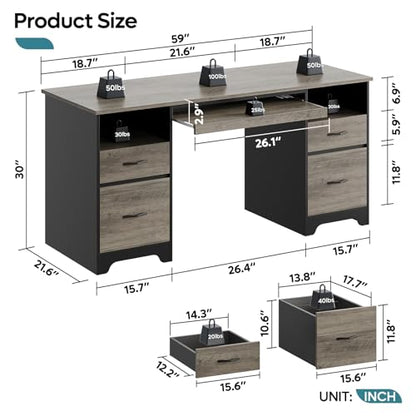 Bestier 59 Inch Office Desk with 4 Drawers, Computer Desk with Storage, Executive Desk with File Drawer, Keyboard Tray & 2 Pedestals on Both Sides for Home Office, Studio, Grey&Black - color: Grey&black