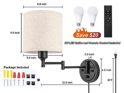 Plug in Wall Sconces with Remote Control, Dimming 10%-100% & Adjustable Colors 2700K-6500K, Hardwire or Plug-in, Swing Arm Wall Lamp with Linen Fabric Shade, Wall Sconces Set of Two, Black Finish - color: Linen(Bulbs+Remote)