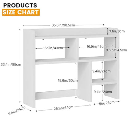 Desk Shelf, Desktop Hutch with 6 Storage Areas, Desktop Organizer Shelf with 27" Large Monitor Compartment, Multipurpose Wood Desktop Display Rack for Computer Desk, Dorm, Office, Home (White)