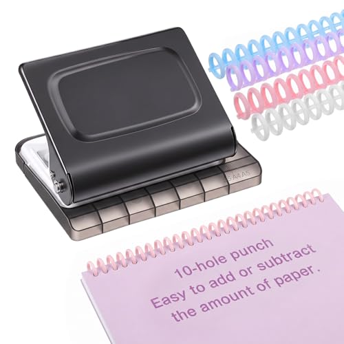 10 Hole Binding Machine for Planners with 10PCS 30Hole Spiral Binding Coils | Metal Manual Binding System, Punches 26 Holes on B5, 30 Holes on A4, 20 Holes on A5 Paper, Black