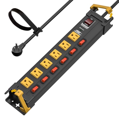 CRST 6-Outlet Metal Power Strip with Individual Switches 15A/1875W, 10FT | Wide-spaced for Bulky Plugs, 1020J Surge Protector Power Strip with Cable Management for Garage Home Office Workshop School - color: Black+Yellow, size: 6 Outlet-10FT