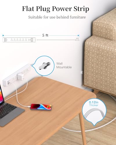 2 Pack Power Strip, Extension Cord 5FT, Surge Protector with 6 Outlets and 4 USB Ports (2 USB C), Flat Plug Overload Protection, Extension Cord with Multiple Outlets, Wall Mount for Home Dorm College - size: 5FT, style: Flat Extension Cord & Thin Flat Plu