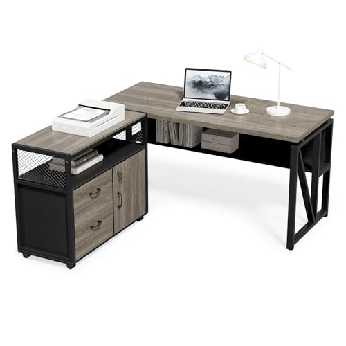 LITTLE TREE 55" Executive Computer Desk and Lateral File Cabinet, L-Shaped Office Desk for Home Office, Furniture Set, Grey - color: Grey+black