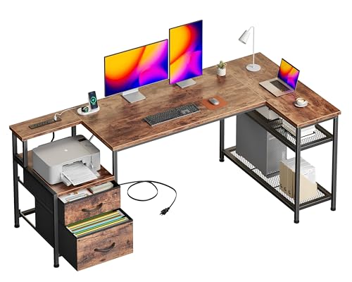 Korfile 57 Inch L Shaped Gaming Desk with Power Outlets and Type-C Port, Reversible Computer Office Desk with 2 Fabric Drawers & Mesh Shelves, Corner Desk for Study Work Writing Desk, Rustic Brown - color: Rustic Brown, size: 57 Inch