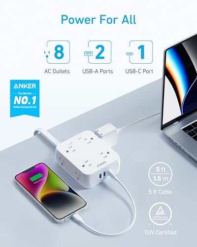 Anker Power Strip with 2000J Surge Protector, 5ft Outlet Extender, 20W, 8AC - color: Shell White, size: 5FT