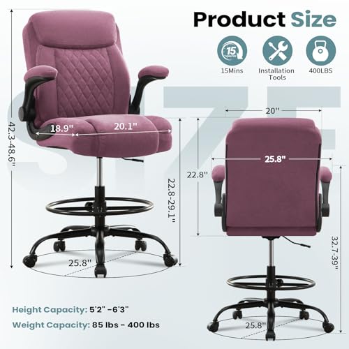 MAHOMICO Drafting Chair for Standing Desk – Tall Office Chair with Adjustable Height & Foot Ring, Flip-Up Arms, Lumbar Support – Comfortable Fabric Seat, Ideal Home Desk Chair - color: Purple