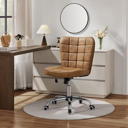 Yaheetech Retro Brown Tufted Armless Desk Chair with Wheels, Faux Leather - color: Retro Brown