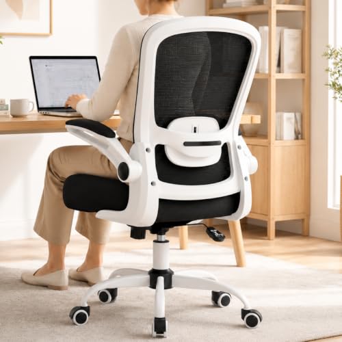 Mimoglad Ergonomic Office Chair - Desk Chair with Flip-up Armrests & 135° Recline, Adjustable Lumbar Support - Space-Saving Task Chair for Business/Team Office & Home (White Frame-Black, 300lbs) - color: White Frame-black