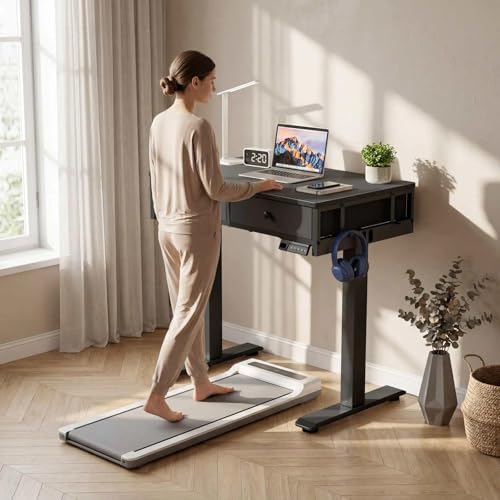 KLUVIS Black Sit Stand Desk with Drawers, 32 Inch Electric Standing Desk with Storage, Small Space Stand Up Computer Desks for Home Office Bedroom, Study Writing Desks for Walking Pad - color: Black, size: 31.5''