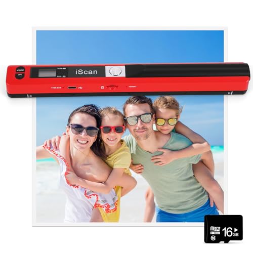 Portable Document Scanner - 900DPI Handheld Portable Scanner Image Scanner Scanning Wand A4 Colour Photo Mobile Scanners Handy Scan, JPG/PDF Format, with 16G SD Card (Red)