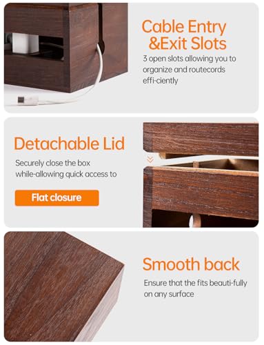 Wood Cable Management Box, Wire Organizer & Cable Hider Box with Lid, Power Strip Protector Boxs for Desk, Floor, Home, Office & Extension Leads – Decorative Cord Organizer