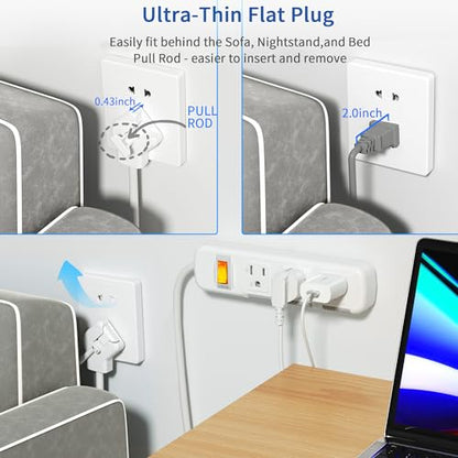 Flat Plug Power Strip Surge Protector 3 Outlets, Extension Cord 6 ft 3 Prong, 300J, 10A/1250W, Overload Protection Switch, Plug Strip for Home Office, Child Safety Slide Outlet Covers - style: 6ft/Ultra-thin Flat Plug