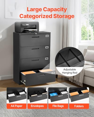 VEVOR 4 Drawers Metal File Cabinet, Vertical Filing Cabinet with Lock and Adjustable Hanging Rod, Tall Filing Storage Cabinets for Home and Office Fit Letter, A4, Legal Size File, Easy Assembly, Black