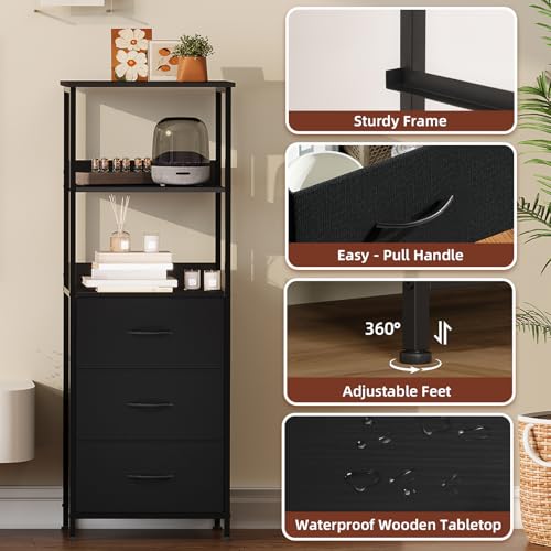 Somdot 5 Tier Bookshelf with 3 Drawers, Narrow Storage Bookcase for Bedroom | Tall Metal Frame Bookcase for Small Spaces, Living Room and Home Office, Black - color: Black