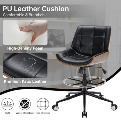 Drafting Office Chair Ergonomic Executive Computer Standing Desk Chair with Adjustable Height and Footrest Ring, Drafting Chair for Counter Height Desk and Drawing (Black) - color: Black