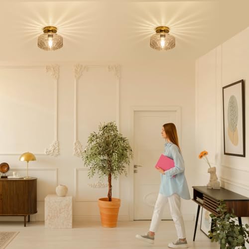 Tbaoinal Semi Flush Mount Ceiling Light with Diamond Glass Shade, 36-Faceted Panels Create Starburst Effect, 1200LM LED Bulb Included Brushed Gold Finish Ideal for Hallway Entryway Kitchen Bathroom - color: Gold Brass