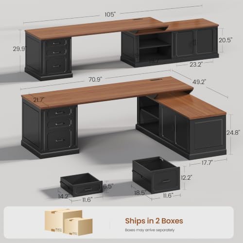 SEDETA Farmhouse L Shaped Desk with Drawers, 70.9" Home Office Desk with Storage Cabinet and Storage Shelves, L Shaped Computer Desk with Power Outlet，Black+Brown - color: Black+brown, size: 70.9" L Shaped Desk