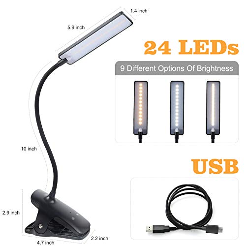 LED Reading Light with Clip USB Rechargeable Book Lights, 24 LEDs Flexible Neck Night Bed Lamp, Touch Control Portable Clamp Desk Lamps for Bed Headboard, Computers -Black - color: Black