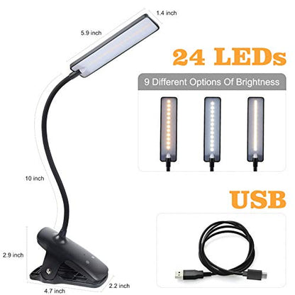 LED Reading Light with Clip USB Rechargeable Book Lights, 24 LEDs Flexible Neck Night Bed Lamp, Touch Control Portable Clamp Desk Lamps for Bed Headboard, Computers -Black - color: Black
